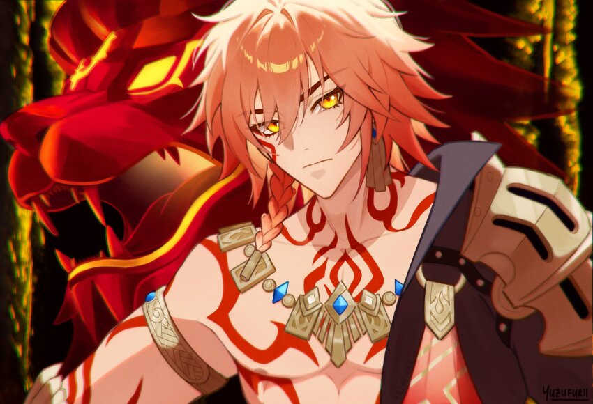 1boy absurdres armlet black_background black_coat blonde_hair braid chest_tattoo clawed_gauntlets coat earrings facial_tattoo gold_earrings gold_necklace gradient_hair hair_between_eyes hashtag-only_commentary highres honkai:_star_rail honkai_(series) jewelry lion male_focus medium_hair multicolored_hair mydei_(honkai:_star_rail) necklace open_clothes red_hair red_tattoo side_braid solo tattoo toned toned_male yellow_eyes yuzufurii