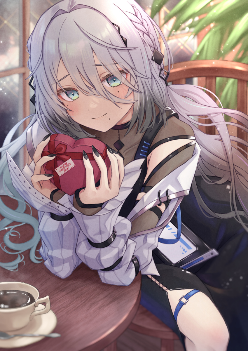 1girl asymmetrical_clothes black_choker black_hair black_skirt blue_eyes blush braid breasts butterfly_ornament choker cup gradient_hair hair_between_eyes hair_ornament happy_birthday happy_valentine highres holding id_card indoors jacket light_smile long_hair long_hair_between_eyes long_sleeves looking_at_viewer mihaeru mole mole_under_eye mole_under_mouth multicolored_hair multiple_moles nail_polish nijisanji side_slit skirt solo sophia_valentine sophia_valentine_(1st_costume) table triangle_hair_ornament twin_braids very_long_hair virtual_youtuber white_hair wooden_table