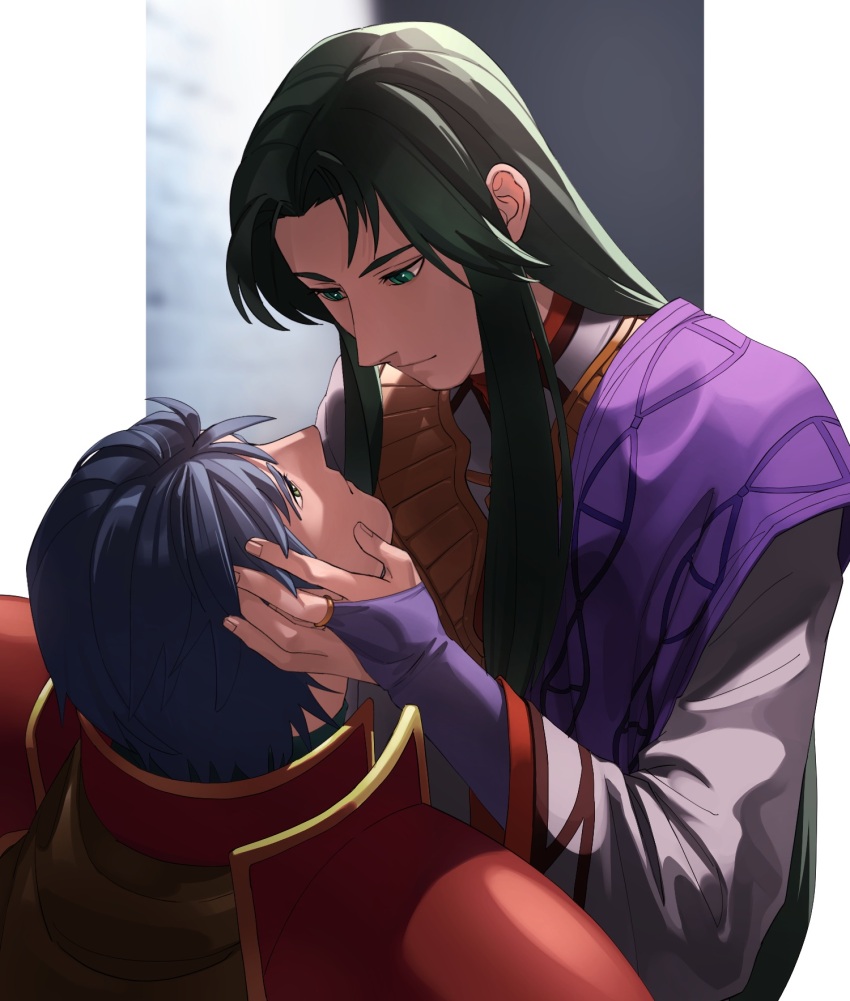 2boys armor asagi_(banzoku210) black_hair blue_hair commentary_request dark_blue_hair eye_contact fire_emblem fire_emblem:_radiant_dawn green_eyes hands_on_another&#039;s_face highres long_hair looking_at_another male_focus multiple_boys nintendo red_armor sephiran_(fire_emblem) short_hair yaoi zelgius_(fire_emblem)