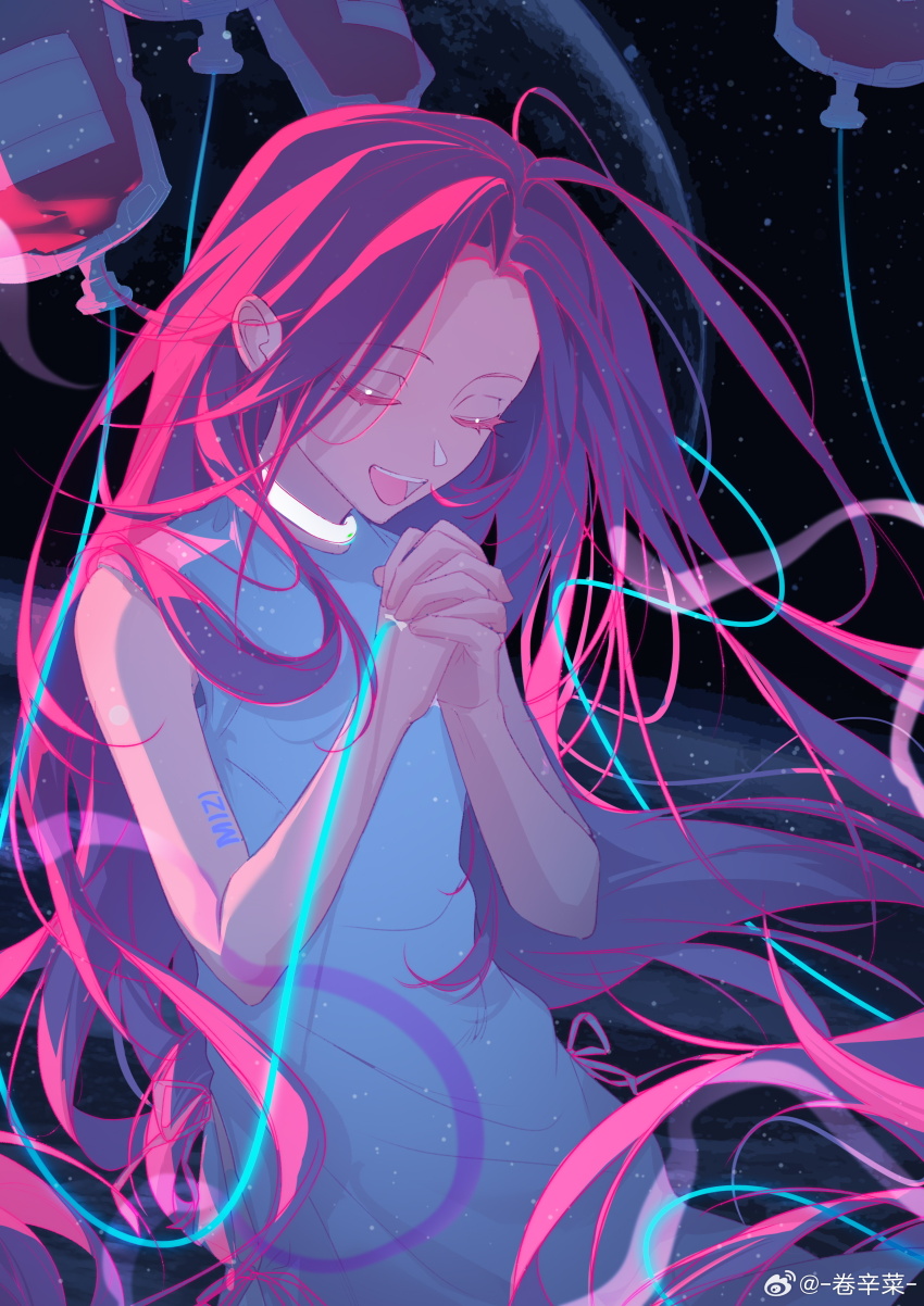1girl absurdres alien_stage arm_tattoo artist_name blood blood_bag chinese_commentary choker closed_eyes commentary_request dress highres interlocked_fingers intravenous_drip juan_xin_cai long_hair mizi_(alien_stage) open_mouth own_hands_together pink_hair sleeveless sleeveless_dress solo space star_(sky) tattoo very_long_hair watermark weibo_watermark white_choker white_dress