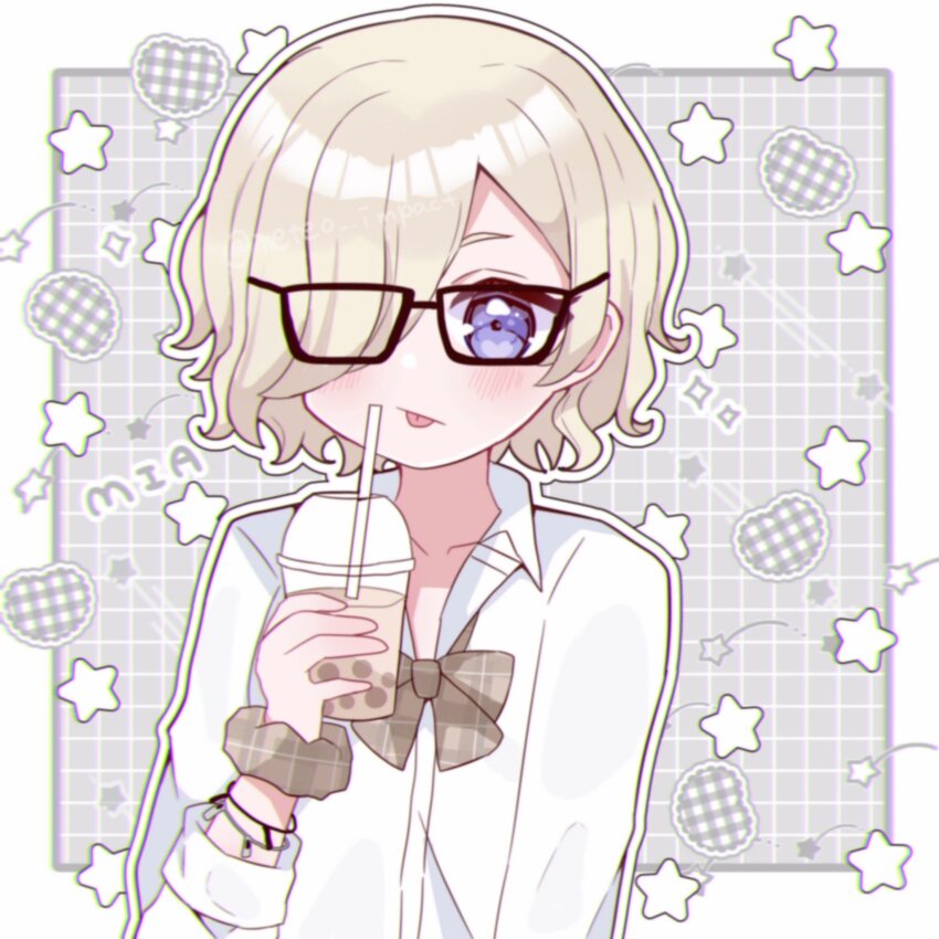 1girl :/ :p ametan_(meteo_impact) black-framed_eyewear blonde_hair blush border bow bowtie brown_bow brown_bowtie brown_scrunchie bubble_tea closed_mouth collarbone collared_shirt commentary_request cup dress_shirt glasses grey_background grid_background gyaru hair_over_one_eye heart highres holding holding_cup kogal looking_at_viewer love_live! love_live!_nijigasaki_high_school_idol_club mia_taylor official_alternate_costume one_eye_covered open_collar outline outside_border plaid_bow plaid_bowtie plaid_clothes plaid_scrunchie purple_eyes school_uniform scrunchie shirt short_hair solo star_(symbol) tongue tongue_out upper_body white_border white_outline white_shirt