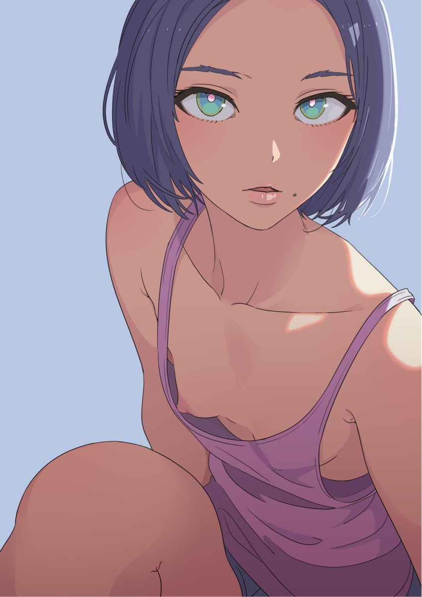 1girl bare_shoulders blue_background blue_eyes blue_hair bob_cut breasts close-up collarbone covered_erect_nipples downblouse forehead highres knee_up lips looking_at_viewer mebae mole mole_under_mouth nipple_slip nipples no_bra open_mouth original parted_lips pink_shirt shirt short_hair short_shorts shorts simple_background sleeveless small_breasts solo tank_top