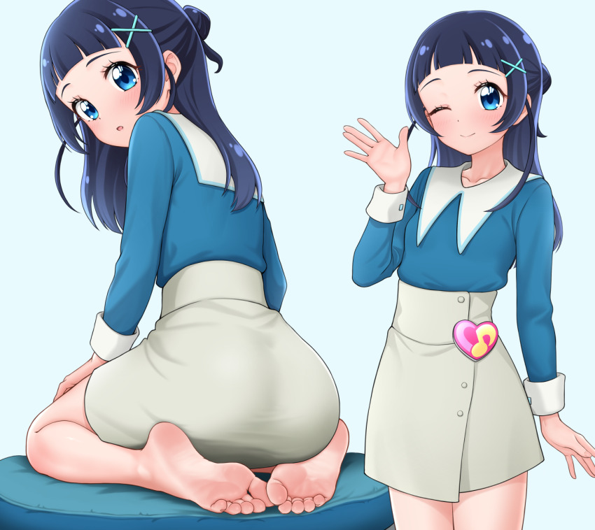 1girl aokaze_nana aqua_ribbon barefoot blue_eyes blue_hair blue_shirt blush closed_mouth commentary_request cushion feet hair_ribbon highres hinosaki kimi_to_idol_precure long_hair long_sleeves one_eye_closed open_mouth paid_reward_available partial_commentary precure ribbon seiza shirt sitting skirt soles solo toes white_skirt zabuton
