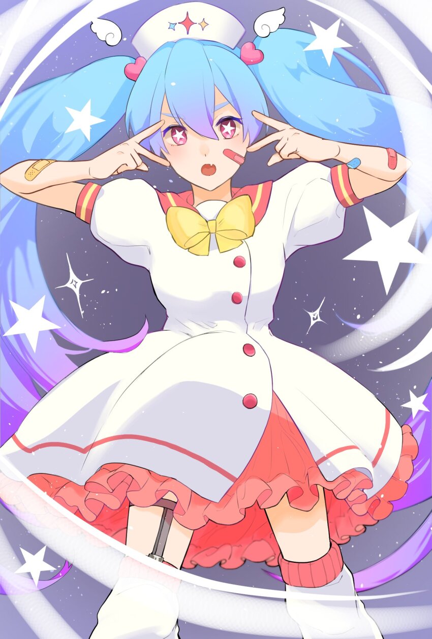 1girl aqua_hair bandaid bandaid_on_cheek bandaid_on_face blue_hair double_inward_v double_v grey_shirt hair_between_eyes haru_hakoniwa17 hat hatsune_miku highres inward_v long_hair looking_at_viewer m@gical_cure!_love_shot!_(vocaloid) meme miku_miku_beaaaam!!_(meme) number_tattoo nurse_cap open_mouth pink_sailor_collar sailor_collar shirt skirt solo tattoo twintails v v_over_eye very_long_hair vocaloid