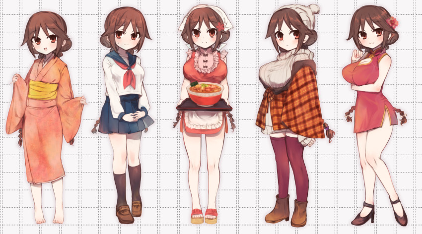 1girl alternate_costume apron arm_under_breasts barefoot beanie blue_sailor_collar blue_skirt boots bowl braid breasts brown_boots brown_eyes brown_hair brown_shoes brown_socks china_dress chinese_clothes cleavage cleavage_cutout closed_mouth clothing_cutout coat commentary_request dress flower food_request grey_hat grey_sweater hair_flower hair_ornament hat high_heels highres holding holding_tray japanese_clothes kimono kneehighs large_breasts loafers long_hair long_sleeves looking_at_viewer maid maid_apron multiple_views neckerchief obi open_mouth orange_coat orange_kimono plaid_clothes plaid_coat pleated_skirt red_dress red_flower red_neckerchief red_thighhighs ryoukenle sailor_collar sandals sash school_uniform serafuku shirt shoes short_dress skirt sleeveless smile socks sweater tachibana_yuzuki taishou_otome_otogibanashi thighhighs tray waist_apron white_apron white_shirt winter_clothes yellow_sash