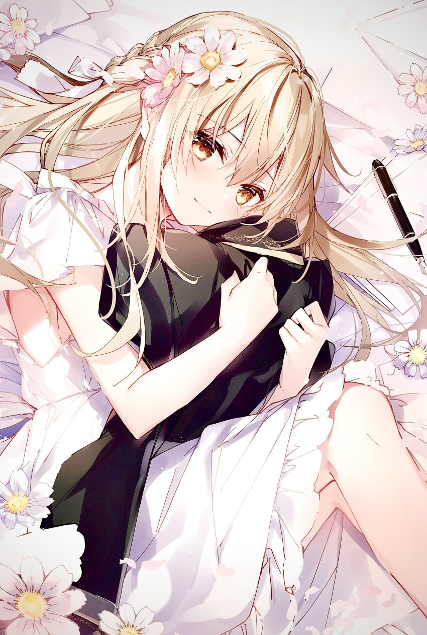 1girl absurdres annelise_(mochizuki_shiina) bed_sheet black_jacket blue_flower brown_eyes closed_mouth commentary_request dress envelope feet_out_of_frame flower frilled_dress frills hair_between_eyes highres hugging_object jacket knees_up light_brown_hair light_smile looking_at_viewer lying mochizuki_shiina on_side original pencil pink_flower short_sleeves solo unworn_jacket white_dress white_flower
