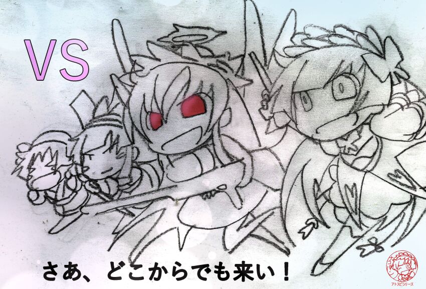 &gt;_&lt; 4girls ainu_clothes artist_name chibi closed_eyes dot_eyes gun hair_ribbon halo highres japanese_text legs long_hair monochrome multiple_girls nakoruru open_mouth original red_eyes ribbon rimururu running samurai_spirits short_hair siblings sisters sketch smile snk thighs tongue traditional_media translation_request weapon