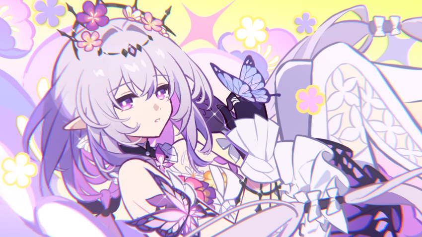 1girl bare_shoulders black_gloves blue_butterfly bug butterfly butterfly_on_hand castorice_(honkai:_star_rail) colored_inner_hair dress flower gloves grey_hair hair_flower hair_ornament highres honkai:_star_rail honkai_(series) insect long_hair multicolored_hair parted_lips pink_eyes pink_flower pink_hair pointy_ears purple_eyes purple_hair solo thighhighs tiara very_long_hair white_dress white_thighhighs xiaohutu yellow_background