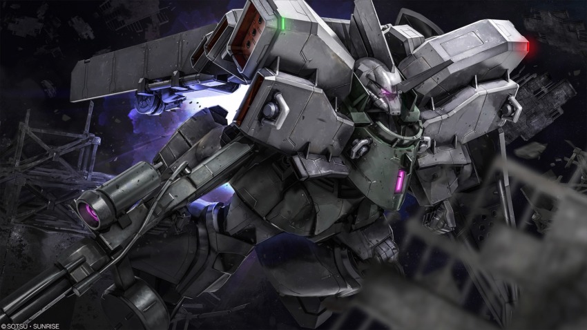 absurdres advance_of_zeta artist_request beam_rifle clenched_hand company_name copyright_notice debris energy_gun gelgoog_stutzer gundam gundam_battle_operation_2 highres holding holding_weapon machinery mecha mecha_focus missile_pod mobile_suit no_humans official_art one-eyed pink_eyes realistic robot ruins science_fiction solo space space_habitat sunrise_(company) thrusters weapon wreckage zeon