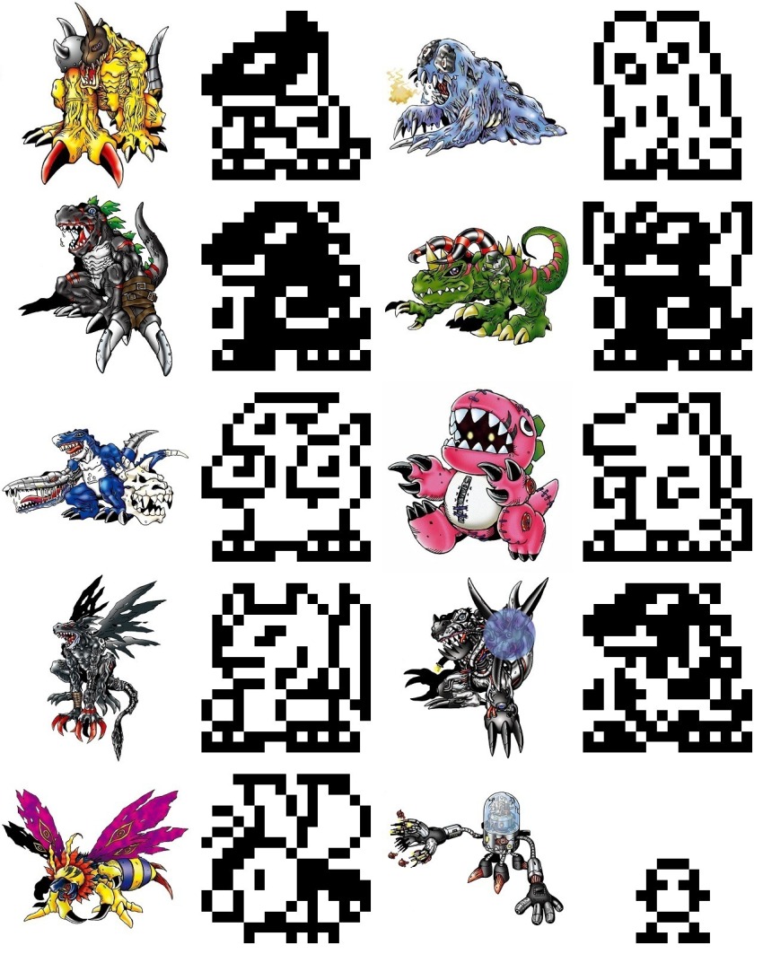 antennae beak burning_godzilla claws crossover cyborg cyclomon darktyranomon deltamon destoroyah devidramon digimon flymon gigan godzilla godzilla_(series) hedorah highres horns king_ghidorah metaltyranomon mothra nanomon official_art oxygen_destroyer pixel_art raremon simple_background spacegodzilla tail titanosaurus tuskmon white_background wings