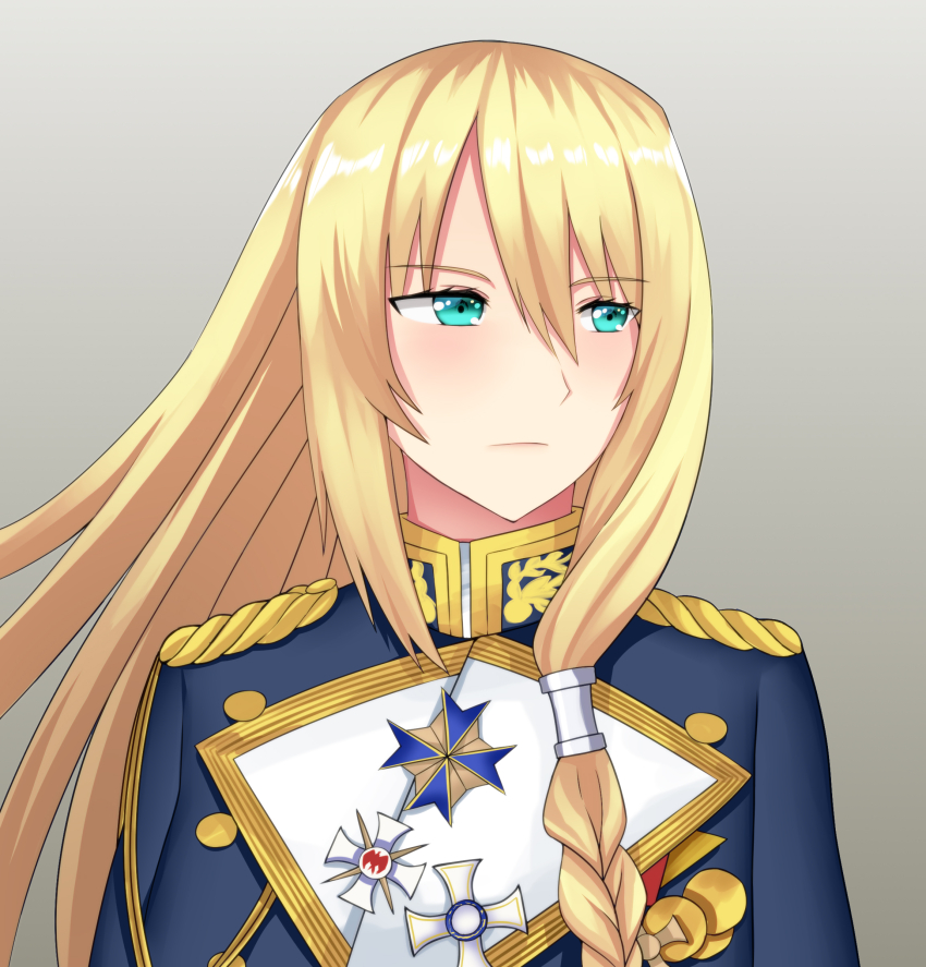 1girl absurdres aqua_eyes blonde_hair blue_eyes braid epaulettes hair_between_eyes highres imperial_german_navy long_hair looking_to_the_side medal military military_uniform original solo starguard two-tone_background