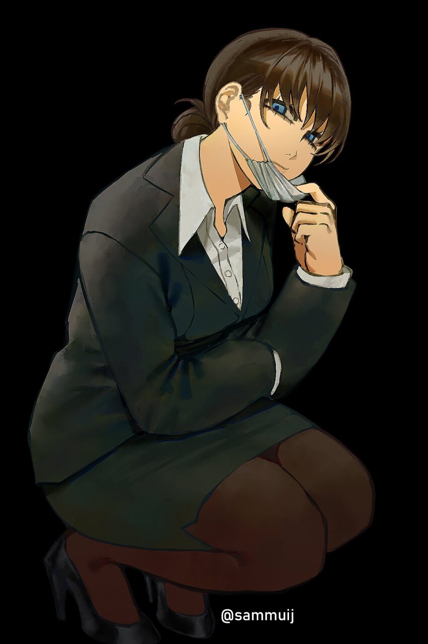 1girl black_background black_hair black_jacket black_pantyhose black_skirt blue_eyes chainsaw_man closed_mouth collared_shirt commentary high_heels highres jacket mask mask_pull mitaka_asa mouth_mask pantyhose pencil_skirt sammuij shirt simple_background skirt solo squatting suit_jacket symbol-only_commentary twitter_username white_shirt