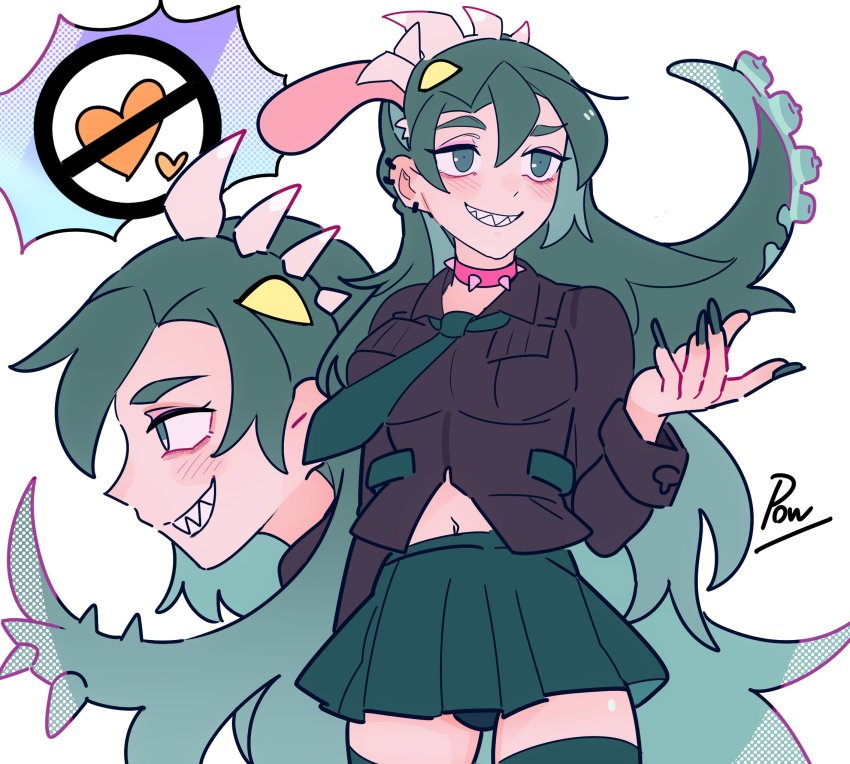 1girl collar eyeshadow fingernails fukua_(skullgirls) green_eyes green_hair green_nails grin highres long_fingernails long_hair makeup nail_polish necktie pleated_skirt pow3776 shamone_(skullgirls) sharp_teeth skirt skullgirls smile solo spiked_collar spikes teeth thighhighs