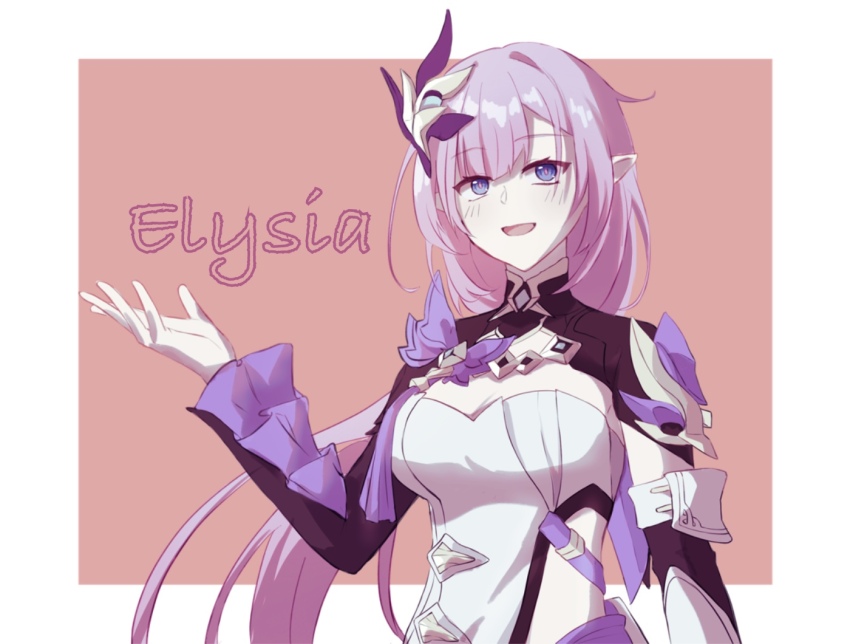 1girl :d blue_eyes breasts character_name chinese_commentary cleavage commentary_request elysia_(honkai_impact) elysia_(miss_pink_elf)_(honkai_impact) faber_fubei hair_ornament hand_up honkai_(series) honkai_impact_3rd large_breasts long_hair long_sleeves open_mouth pink_hair pointy_ears shirt shrug_(clothing) smile solo strapless strapless_shirt upper_body very_long_hair white_shirt