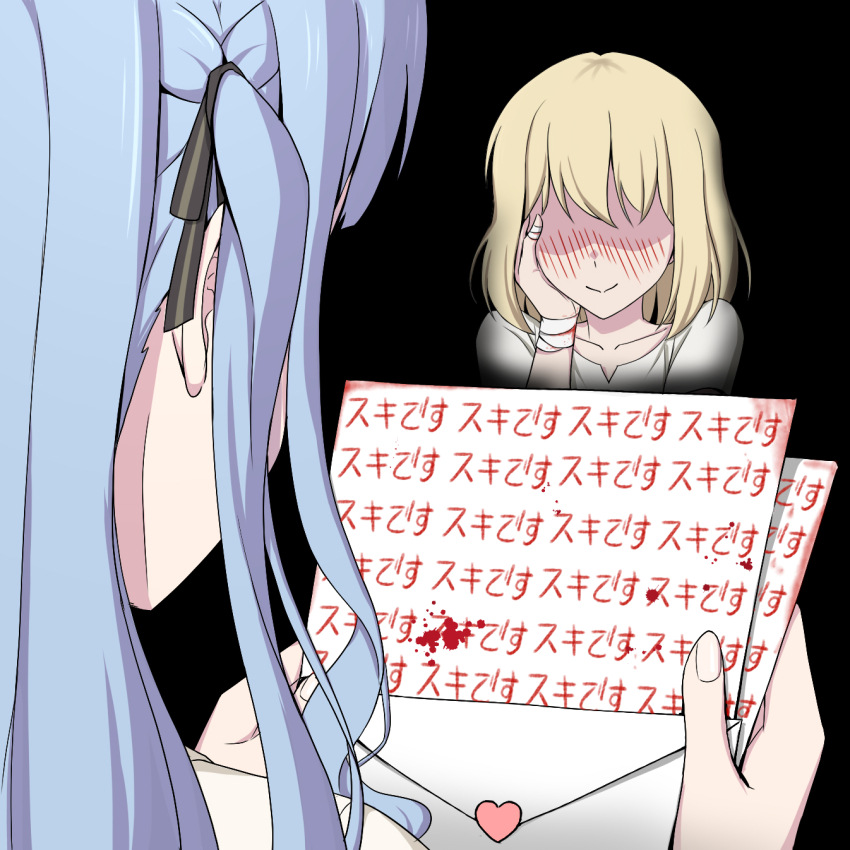2girls anglediana bang_dream! bang_dream!_it&#039;s_mygo!!!!! black_background blonde_hair blood blue_hair chinese_commentary commentary_request hand_on_own_face heart highres letter long_hair love_letter medium_hair misumi_uika multiple_girls self-harm sidelocks togawa_sakiko translation_request two_side_up wrist_cutting yandere yuri