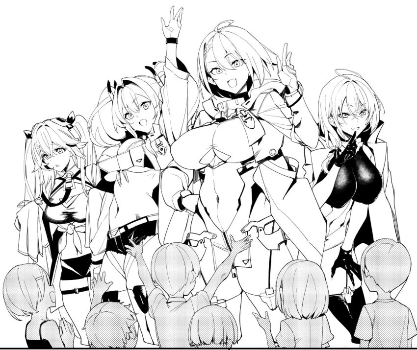 4girls ahoge anchorage_(azur_lane) arm_up arms_up azur_lane baltimore_(azur_lane) breasts bremerton_(azur_lane) child cleavage clothing_cutout crop_top crop_top_overhang greyscale hair_between_eyes hand_on_own_hip hand_on_own_thigh index_finger_raised kanjy00u large_breasts long_hair micro_shorts monochrome multiple_boys multiple_girls navel open_mouth pittsburgh_(azur_lane) shorts simple_background smile thighhighs twintails underboob underboob_cutout very_long_sleeves white_background