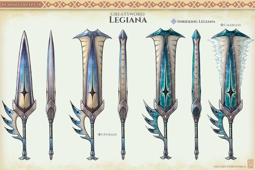absurdres artist_name character_name reference_sheet concept_art english_text gem gradient_background greatsword highres ice legiana monster_hunter:_world monster_hunter_(series) monster_hunter_world:_iceborne no_humans shrieking_legiana sword uchi_vs_the_world watermark weapon weapon_focus
