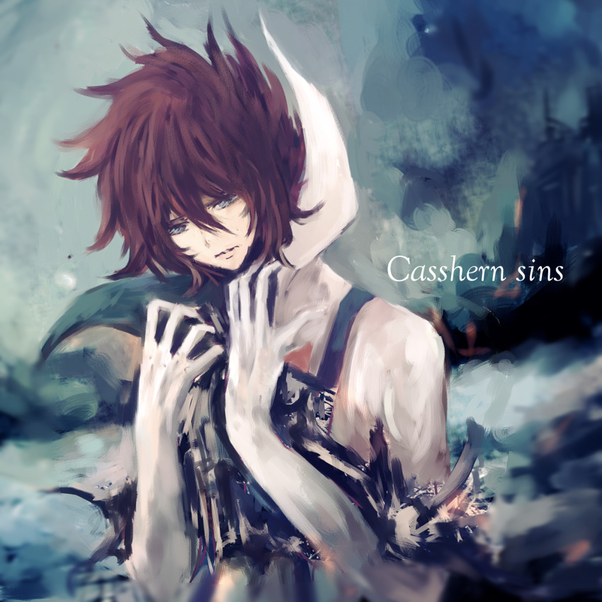 1boy blue_eyes bodysuit brown_hair casshern casshern_(series) casshern_sins chiwarinocchi closed_mouth commentary_request copyright_name grey_background hair_between_eyes highres long_bangs looking_at_viewer male_focus messy_hair painterly popped_collar short_hair solo upper_body white_bodysuit