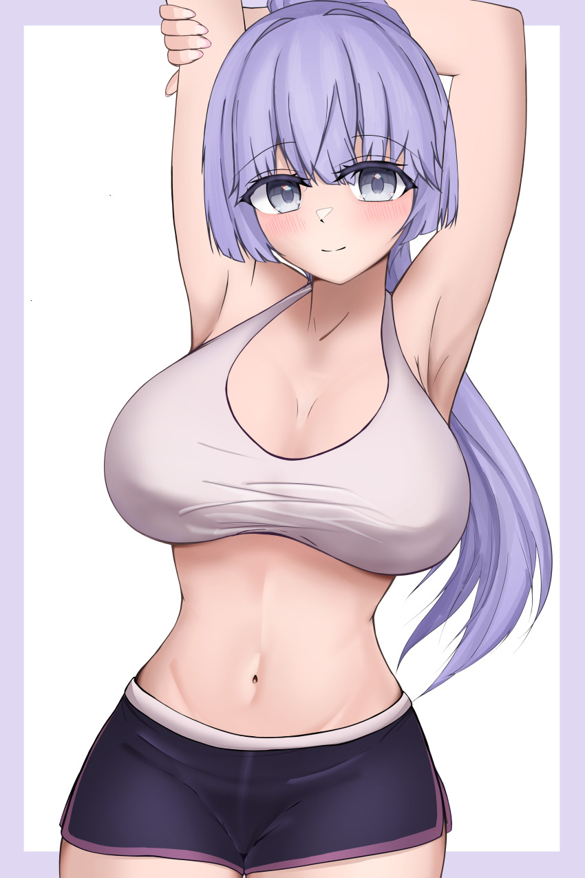 absurdres blush breasts date_a_live grey_eyes grey_hair gym_shirt gym_shorts highres izayoi_miku kunshulucas long_hair navel shirt shorts sweat thighs