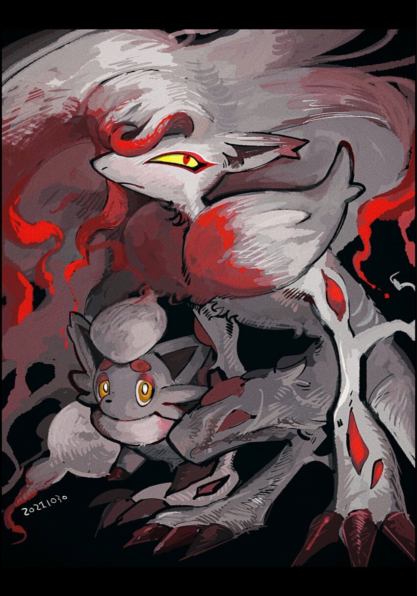 2021 animal_focus black_background bright_pupils claws colored_sclera dated evolutionary_line grey_fur highres hisuian_zoroark hisuian_zorua looking_at_viewer looking_up mane mochako_(motyako_1005) neck_fur nintendo no_humans pokemon pokemon_(creature) red_fur snout squatting two-tone_fur white_fur white_pupils yellow_sclera