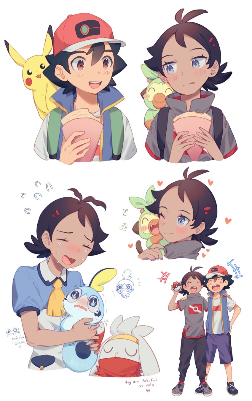 +++ 2boys :d absurdres ash_ketchum black_hair blue_jacket brown_eyes busraknongkai commentary_request creatures_(company) game_freak gen_8_pokemon goh_(pokemon) grey_shirt grookey hat heart highres holding holding_pokemon jacket male_focus multiple_boys musical_note nintendo open_mouth pokemon pokemon_(anime) pokemon_(creature) pokemon_journeys raboot school_uniform shirt short_hair sleeveless sleeveless_jacket smile sobble t-shirt teeth tongue trembling upper_teeth_only vermilion_city_school_uniform white_shirt