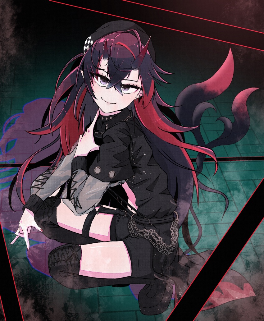 1girl absurdres asymmetrical_horns bane_mk-2 black_boots black_horns black_shirt black_shorts boots closed_mouth commentary_request crossed_bangs demon_girl demon_horns demon_tail full_body gradient_horns highres horns layered_sleeves long_hair long_sleeves looking_at_viewer multicolored_hair multicolored_horns nanashi_inc. pointy_ears red_hair red_horns ryugasaki_rene ryugasaki_rene_(4th_costume) shadow shirt short_over_long_sleeves short_sleeves shorts smile solo squatting tail thigh_boots two-tone_hair virtual_youtuber