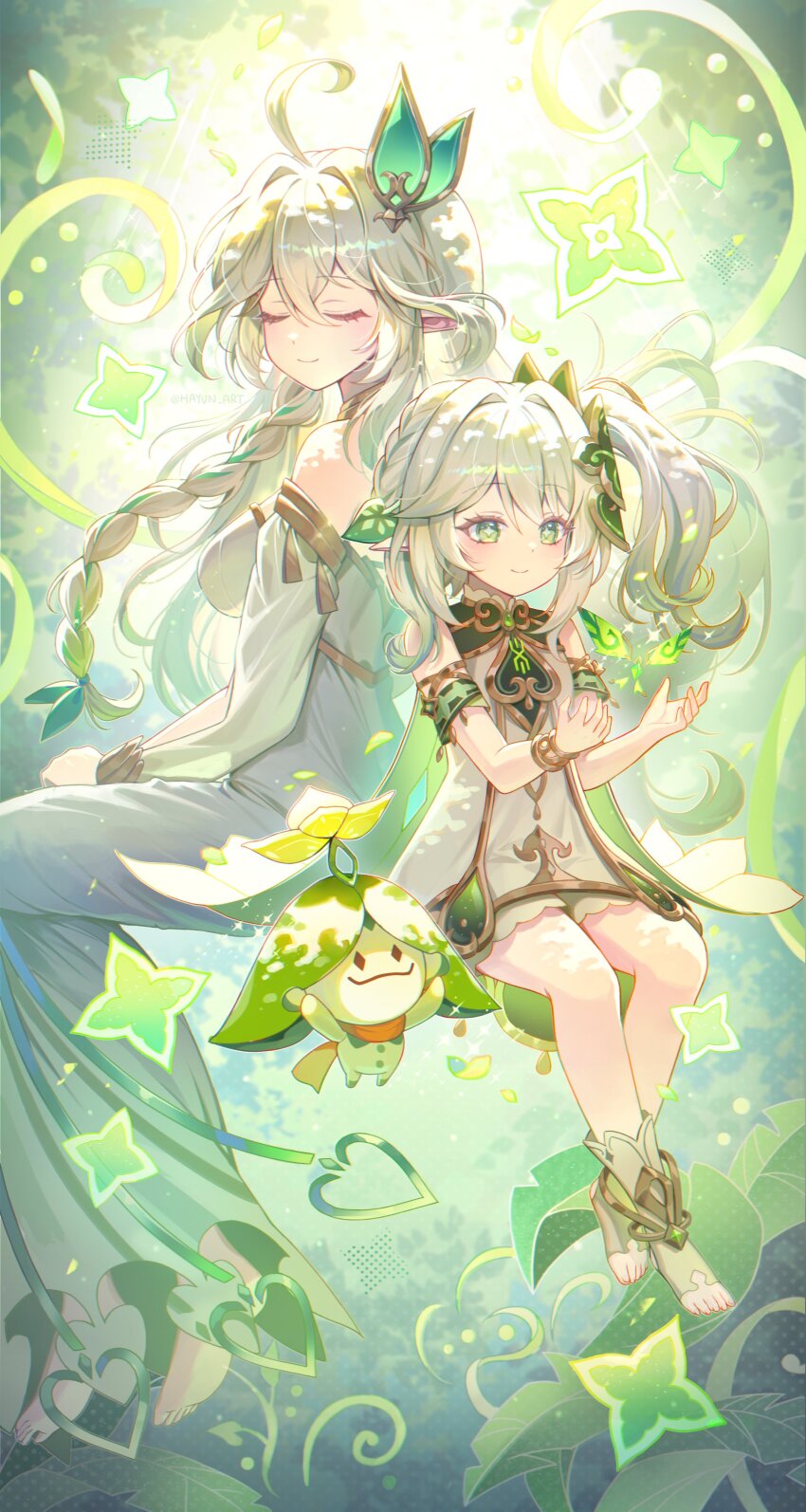 2girls absurdres aranara_(genshin_impact) bare_shoulders barefoot breasts closed_mouth commentary_request cross-shaped_pupils detached_sleeves dress full_body genshin_impact gold_trim gradient_hair green_eyes green_hair green_sleeves grey_hair hair_between_eyes hair_ornament hayun highres invisible_chair leaf_hair_ornament long_hair long_sleeves looking_at_viewer multicolored_hair multiple_girls nahida_(genshin_impact) pointy_ears rukkhadevata_(genshin_impact) side_ponytail sitting sleeveless sleeveless_dress smile stirrup_legwear symbol-shaped_pupils toeless_legwear very_long_hair white_dress white_hair