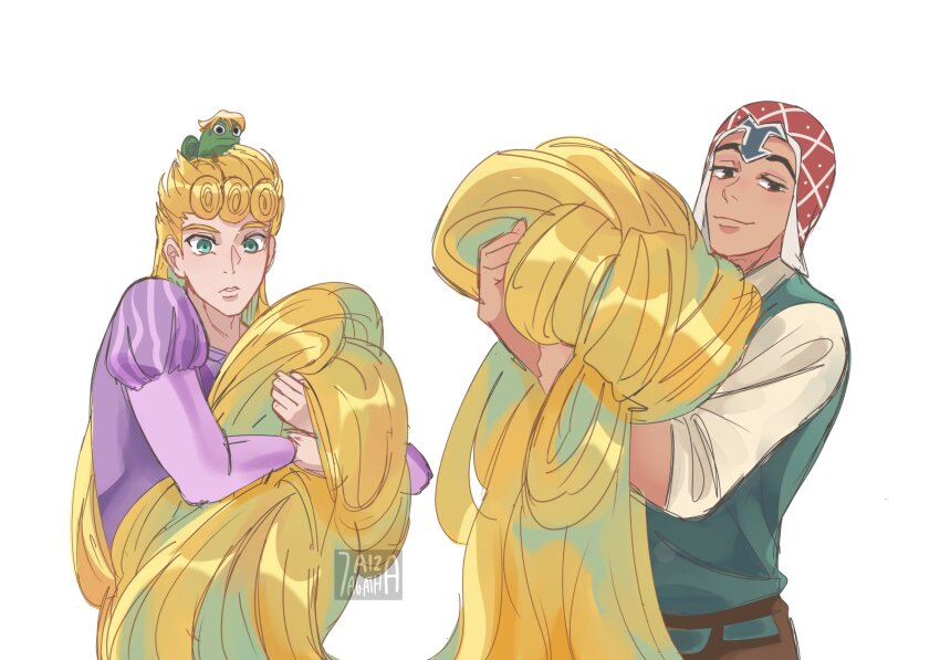 2boys 7aizagatha animalization blonde_hair chameleon cosplay crossdressing dress flynn_rider flynn_rider_(cosplay) giorno_giovanna green_eyes guido_mista hat highres holding holding_own_hair jojo_no_kimyou_na_bouken long_hair looking_at_viewer male_focus multiple_boys pannacotta_fugo parted_lips pascal_(tangled) purple_dress rapunzel_(disney) rapunzel_(disney)_(cosplay) shirt short_hair smile tangled vento_aureo very_long_hair white_background