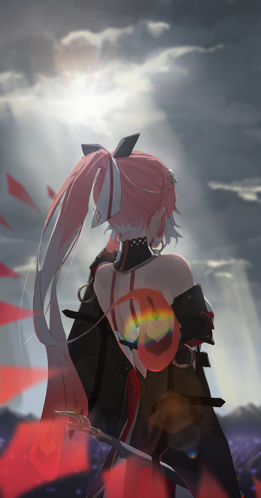 1girl absurdres bare_shoulders black_bow black_coat black_collar blurry blurry_background bow changli_(wuthering_waves) cloud cloudy_sky coat collar commentary_request cowboy_shot eien_001 facing_ahead from_behind grey_sky hair_bow hair_extensions hair_ornament high_ponytail highres median_furrow multicolored_hair nape outdoors partial_commentary pink_hair ponytail ring_hair_extensions shoulder_blades sidelocks sky solo standing sword two-tone_hair weapon white_bow white_hair wuthering_waves
