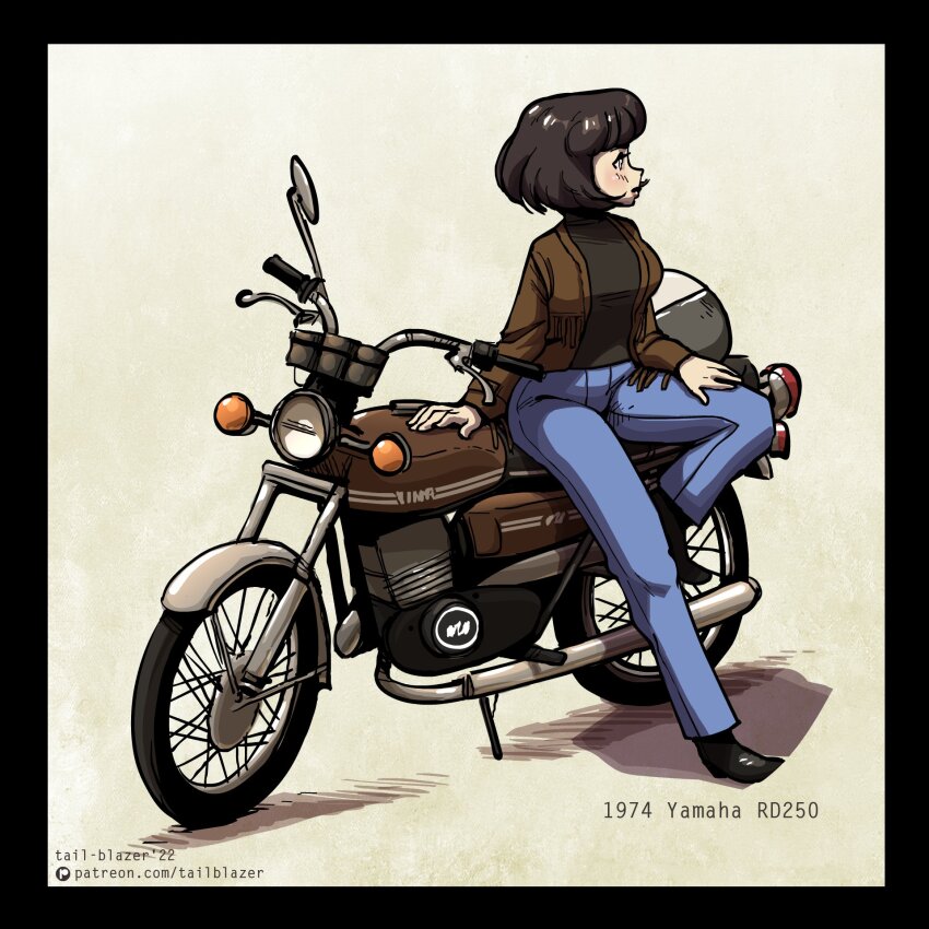 1girl 2022 artist_name black_border black_footwear black_hair blue_pants blush border breasts brown_eyes brown_jacket commentary denim english_commentary hand_on_own_thigh helmet highres jacket jeans looking_to_the_side medium_breasts motor_vehicle motorcycle on_motorcycle original pants patreon_logo red_lips shadow short_hair sitting solo tail-blazer unworn_headwear unworn_helmet vehicle_focus vehicle_name watermark web_address yamaha yamaha_rd250