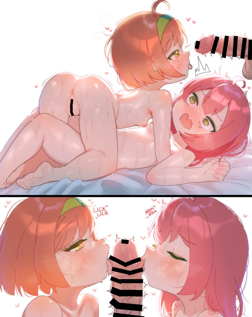 1boy 2girls @_@ ahoge anus ass bar_censor breasts censored chaos_(yui_yuu) commentary_request completely_nude cooperative_fellatio fellatio ffm_threesome girl_on_top green_eyes green_hairband group_sex hairband hetero highres licking licking_penis loli multiple_girls nipples nude open_mouth oral orange_hair original otaichiichi paid_reward_available penis pussy red_hair short_hair small_breasts teamwork_(sexual) testicles threesome tongue tongue_out veins veiny_penis