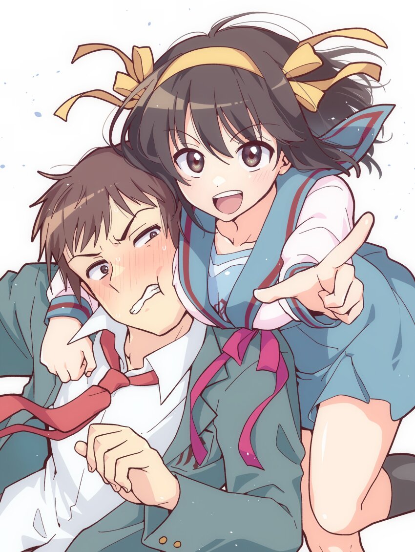 1boy 1girl absurdres armband black_socks blazer blue_sailor_collar blue_skirt brown_eyes brown_hair collared_shirt commentary_request green_jacket hair_ribbon hairband highres jacket kita_high_school_uniform kneehighs kyon long_sleeves looking_at_viewer medium_hair necktie open_clothes open_jacket pleated_skirt red_armband red_necktie red_ribbon ribbon sailor_collar school_emblem school_uniform serafuku shirt short_hair simple_background skirt socks suzumiya_haruhi suzumiya_haruhi_no_yuuutsu taiki_(6240taiki) teeth white_background white_shirt winter_uniform yellow_hairband yellow_ribbon