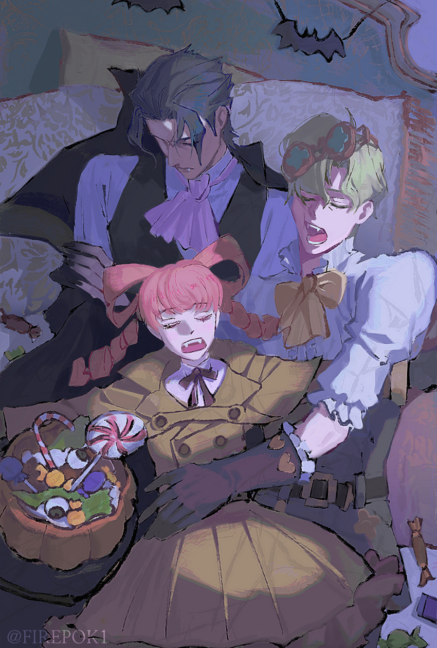 1girl 2boys ace_attorney artist_name ascot barok_van_zieks bat_(animal) bed belt black_coat black_hair black_nails black_vest blonde_hair bow-shaped_hair braid brown_belt brown_coat brown_dress brown_gloves brown_pants brown_ribbon brown_skirt buttons candy candy_cane cheek_squash child closed_eyes coat collar collared_shirt crossed_arms curtained_hair dress dress_shirt drill_hair eyewear_on_head fangs firepok food frilled_collar frilled_gloves frilled_shirt frilled_skirt frilled_sleeves frills gloves hair_rings hair_slicked_back halloween halloween_bucket halloween_costume hand_on_another&#039;s_stomach head_on_another&#039;s_shoulder head_on_another&#039;s_stomach head_on_pillow herlock_sholmes highres iris_wilson lollipop long_hair multiple_boys neck_ribbon on_bed open_mouth outstretched_arms pants parted_bangs pillow pink_ascot pink_hair pleated_skirt puffy_sleeves ribbon shirt short_hair sidelocks skirt sleeping sleeping_on_person sleeping_together spoilers t-pose the_great_ace_attorney twin_drills twintails uncle_and_niece unworn_coat vampire_costume vest white_shirt yellow_ribbon