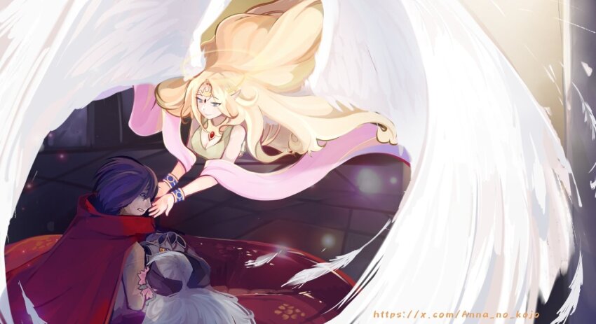 1boy 2girls alipheese_fateburn_xvi angel angel_wings anna_no_kojo blonde_hair blue_eyes bracelet breasts cape chest_jewel circlet commentary death english_commentary falling_feathers feathered_wings feathers flower forehead_jewel gem hagoromo hair_flower hair_ornament halo ilias jewelry lamia large_breasts long_hair luka_(mon-musu_quest!) mon-musu_quest! monster_girl multiple_girls pointy_ears purple_hair red_cape red_gemstone shawl smile twitter_username very_long_hair white_hair wings