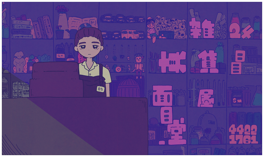 1boy apron birdcage black_apron black_eyes book book_stack border box brown_hair cage cash_register cashier character_doll closed_mouth collared_shirt commentary_request erlenmeyer_flask expressionless flask hide_(acceed) highres jar jewelry looking_at_viewer majime-kun male_focus manatsu_no_yo_no_inmu muimui_(4242564muimui) necklace niconico_id nikutai_ha_ojarumaru shelf shirt short_hair solo toy_car translation_request upper_body vase white_border white_shirt