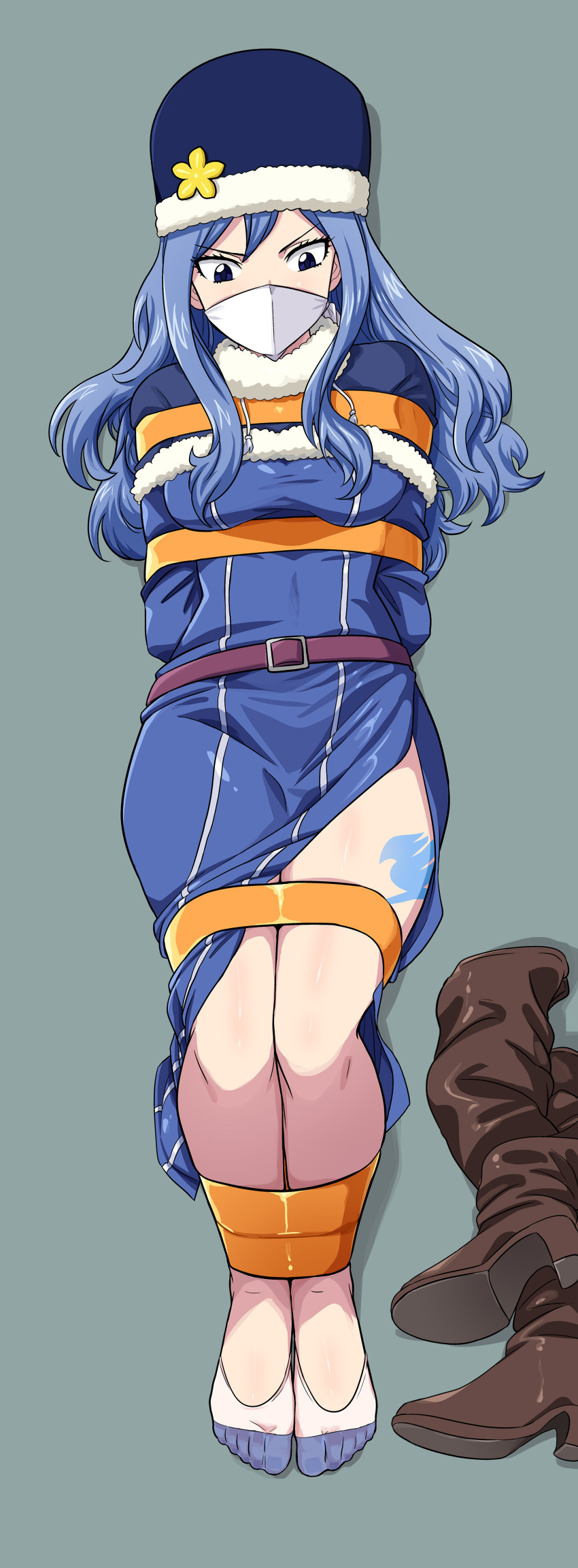 1girl absurdres arms_behind_back belt blue_eyes blue_hair bound bound_ankles bound_arms bound_legs bound_torso breasts cloth_gag fairy_tail gag gagged highres improvised_gag juvia_lockser leg_tattoo lost_one_zero over_the_nose_gag tape tape_bondage tattoo
