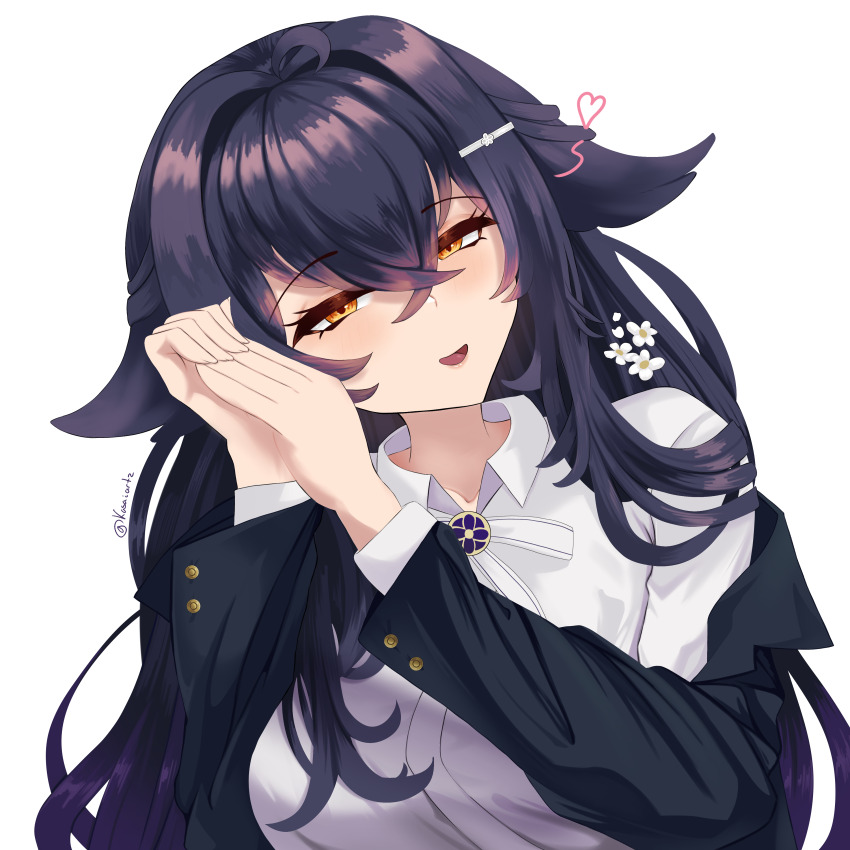 absurdres artist_name azuma_(azur_lane) azuma_(career_counseling_for_the_groom)_(azur_lane) azur_lane black_hair black_jacket collared_shirt crossed_bangs flower hair_flower hair_ornament heart highres jacket kasaiartz looking_at_viewer official_alternate_costume open_mouth orange_eyes shirt simple_background smile upper_body white_background white_flower white_shirt