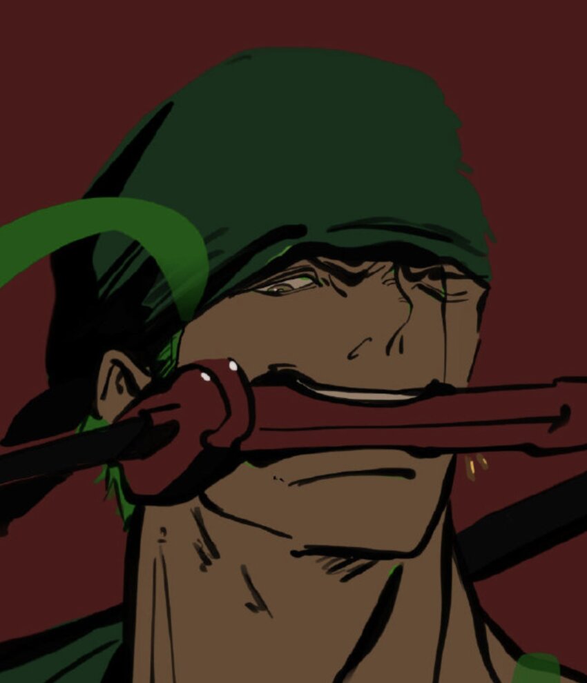1boy bandana close-up earrings fengcheche green_bandana highres jewelry looking_to_the_side male_focus one_eye_closed one_piece red_background roronoa_zoro scar scar_across_eye scar_on_face simple_background solo weapon_in_mouth