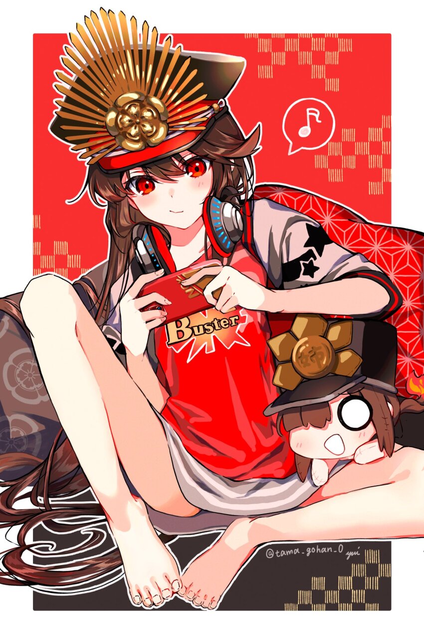 1girl barefoot black_hair black_hat blush buster_shirt cellphone character_doll closed_mouth commentary_request doll fate/grand_order fate_(series) feet grey_skirt hat headphones headphones_around_neck highres holding holding_phone jacket knee_up legs letterman_jacket long_hair military_hat miniskirt musical_note oda_nobukatsu_(fate) oda_nobunaga_(fate) oda_nobunaga_(swimsuit_berserker)_(fate) oda_nobunaga_(swimsuit_berserker)_(first_ascension)_(fate) phone red_eyes shirt sitting skirt smile solo speech_bubble toenails toes twitter_username yui_(tamagohan)