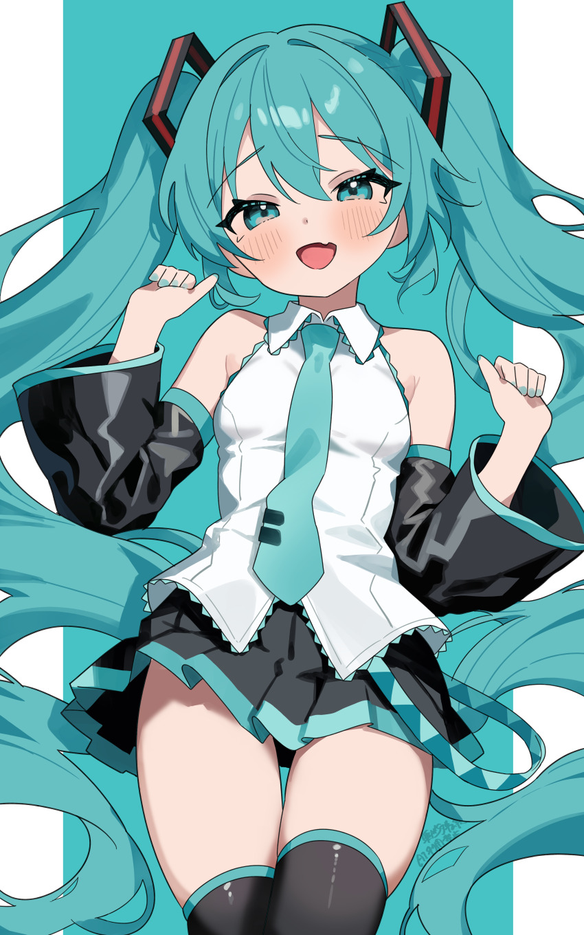 1girl absurdres aqua_eyes aqua_hair aqua_necktie bare_shoulders black_skirt black_sleeves black_thighhighs blush coco_irasuto collared_shirt commentary_request cowboy_shot detached_sleeves hair_between_eyes hatsune_miku highres long_hair long_sleeves looking_at_viewer miniskirt necktie open_mouth pleated_skirt shirt simple_background skirt sleeveless sleeveless_shirt smile solo thighhighs twintails very_long_hair vocaloid white_shirt