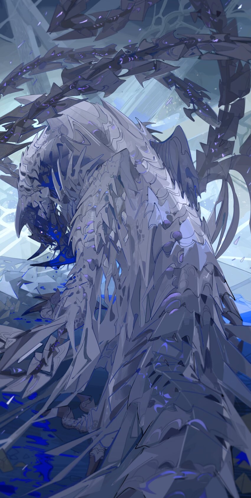 absurdres arkveld blood blood_on_face blue_blood claws grey_scales highres horns monster monster_focus monster_hunter_(series) monster_hunter_wilds no_humans nslacka scales solo spiked_arm spiked_wings tail