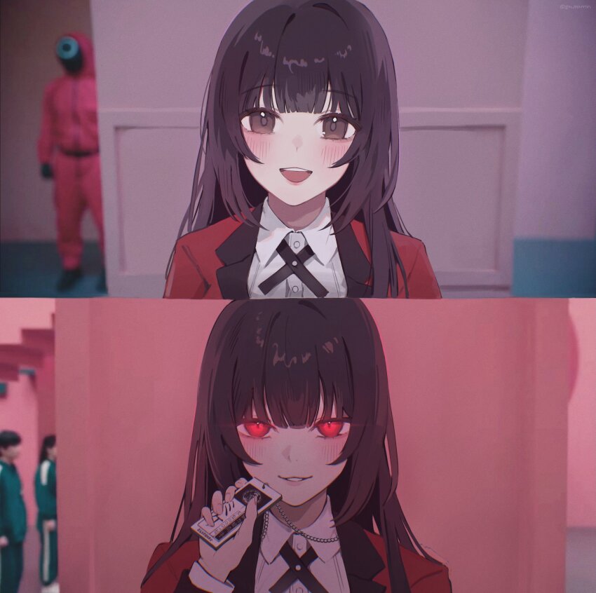 1boy 1other 2girls before_and_after black_eyes black_hair hashtag-only_commentary highres holding_id_card jabami_yumeko kakegurui long_hair meme multiple_girls red_eyes red_vest school_uniform shirt smile squid_game vest white_shirt year_1_&amp;_year_2_(squid_game)_(meme) yw_marron