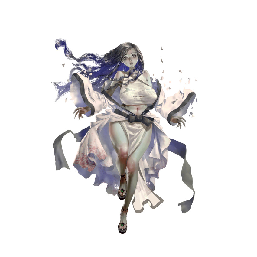 1girl artist_request bare_legs bare_shoulders black_bow black_hair blood blood_stain bow breasts colored_skin crystal_maiden_(series) full_body game_cg grey_lips grey_skin highres long_hair navel official_art rose_(crystal_maidens) sandals solo torn_clothes transparent_background undead variant_set yellow_eyes
