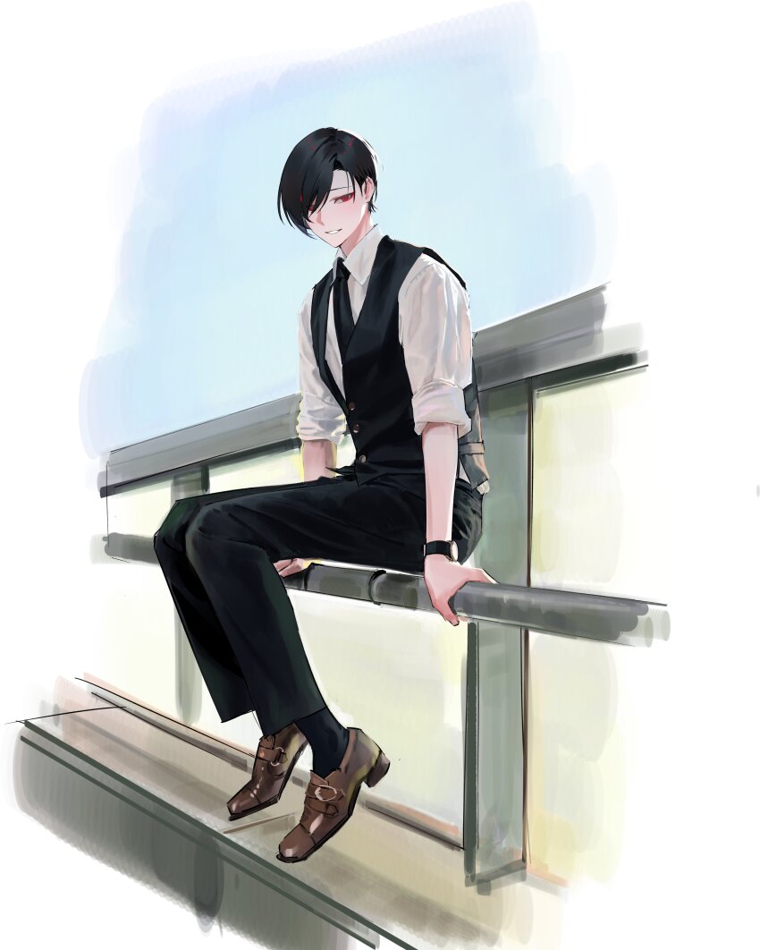 1boy absurdres ariake_(ooe) black_hair black_necktie black_pants black_socks black_vest brown_footwear buttons collared_shirt commentary english_commentary full_body highres looking_at_viewer male_focus necktie on_railing ooe_(game) outdoors pants photo-referenced railing red_eyes shirt short_hair sitting sleeves_rolled_up smile socks solo tk_(tksnim) vest watch white_shirt wristwatch