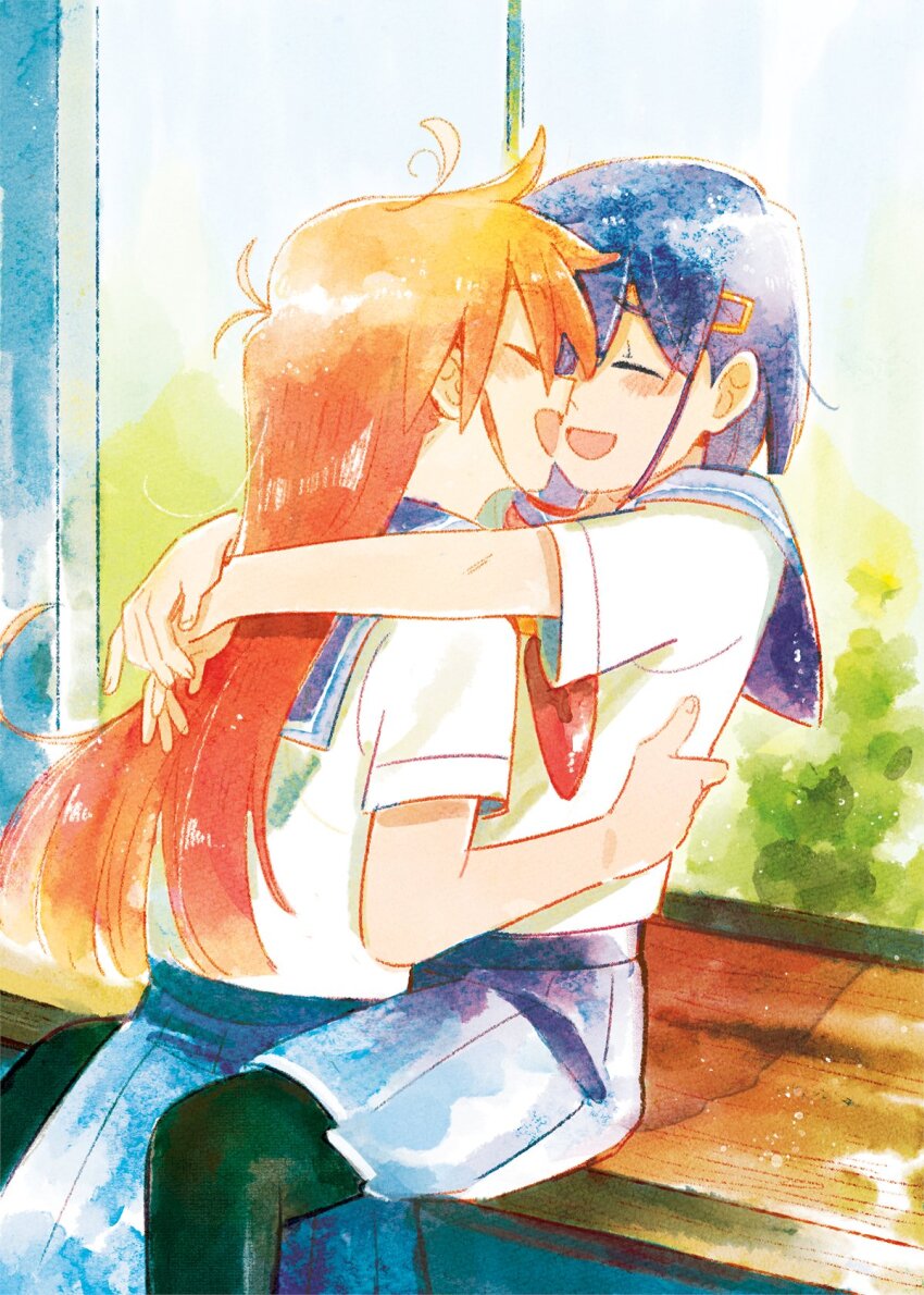 2girls ange_(angeban93) between_legs black_pantyhose blue_hair blue_sailor_collar blue_skirt closed_eyes commentary day english_commentary flip_flappers highres hug indoors kokomine_cocona long_hair multiple_girls noses_touching open_mouth orange_hair pantyhose papika_(flip_flappers) pleated_skirt sailor_collar school_uniform serafuku shirt short_hair short_sleeves sitting skirt smile standing white_shirt window yuri