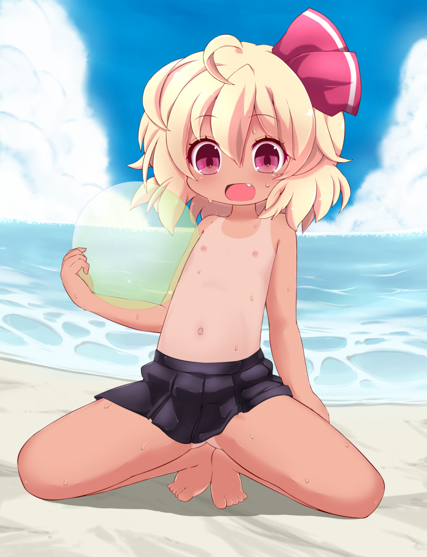 1girl ball barefoot beach beachball black_skirt blonde_hair blue_sky cloud commentary_request commission dark-skinned_female dark_skin day flat_chest full_body highres holding holding_ball holding_beachball horizon kneeling large_variant_set loli looking_at_viewer miniskirt muuba navel nipples ocean one-piece_tan open_mouth outdoors red_eyes rumia short_hair skeb_commission skirt sky smile solo spread_legs sweat tan tanline tiptoes topless_female touhou variant_set water