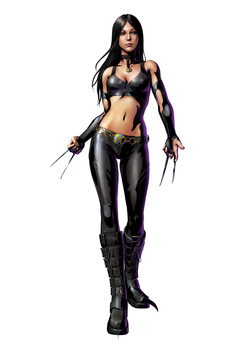 10s 3d absurdres belt black_hair boots capcom choker claws halterneck halterneck highres jewelry marvel marvel_vs._capcom mori_toshiaki necklace official_art tank_top x-23 x-men