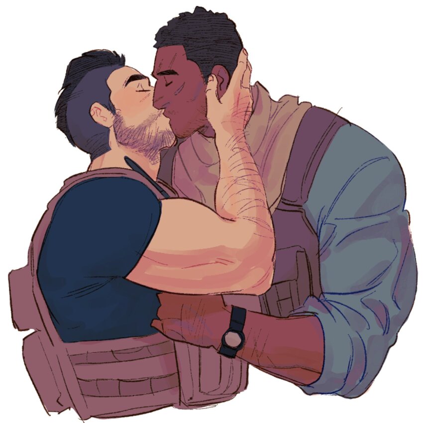 2boys arm_hair bara beard_stubble biceps black_hair blush bulletproof_vest call_of_duty call_of_duty:_modern_warfare_2 chrizz_(quozacchi) couple cropped_torso dark-skinned_male dark_skin facial_hair from_side gaz_(call_of_duty_4) hand_on_another&#039;s_face highres interracial male_focus mature_male multiple_boys muscular muscular_male mustache_stubble short_hair soap_(modern_warfare_2) sparse_stubble stubble thick_eyebrows undercut yaoi