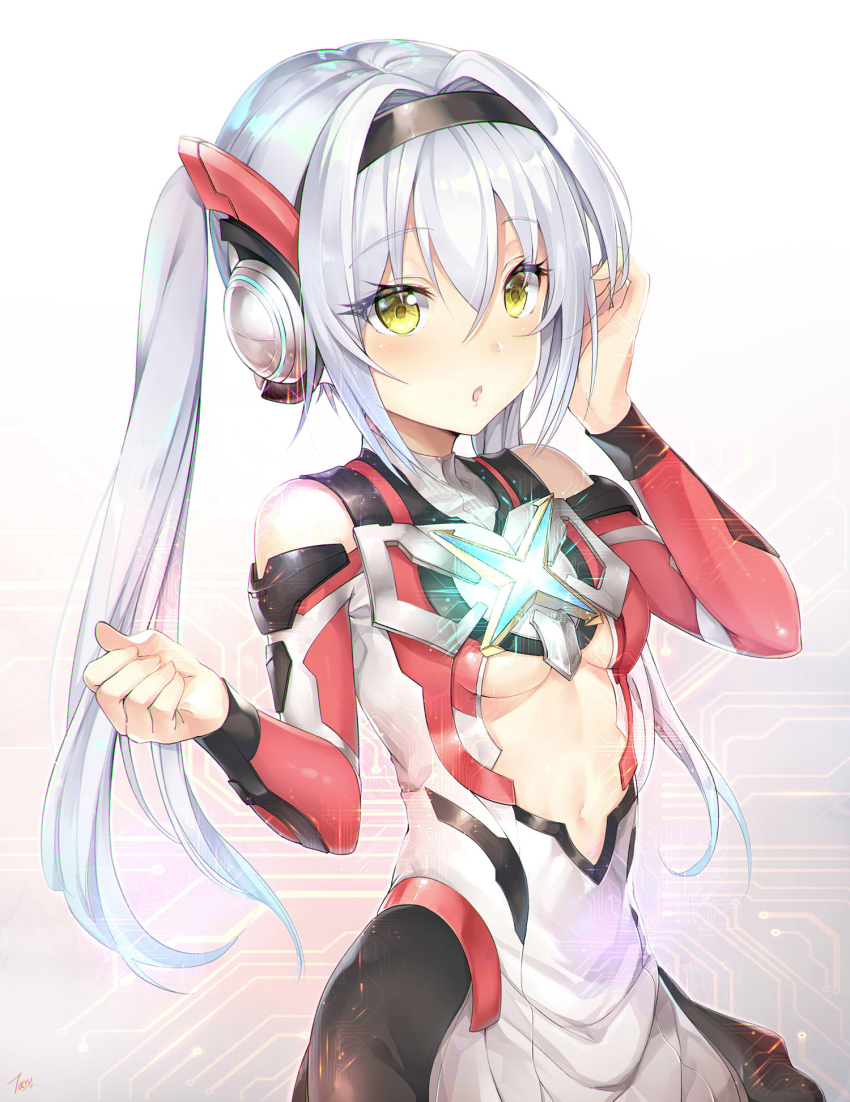 1girl :o arm_up bare_shoulders black_dress black_hairband blush breasts circuit_board clothing_cutout commentary cowboy_shot dress ear_protection eyes_visible_through_hair female_focus genderswap genderswap_(mtf) glowing gradient_background hair_between_eyes hair_intakes hairband hand_up headgear highres humanization long_hair long_sleeves looking_at_viewer multicolored_dress navel_cutout off-shoulder_dress off_shoulder red_dress sidelocks signature silver_hair small_breasts solo standing taro_(ultrataro) twintails ultra_series ultraman_x ultraman_x_(series) underboob white_background white_dress yellow_eyes