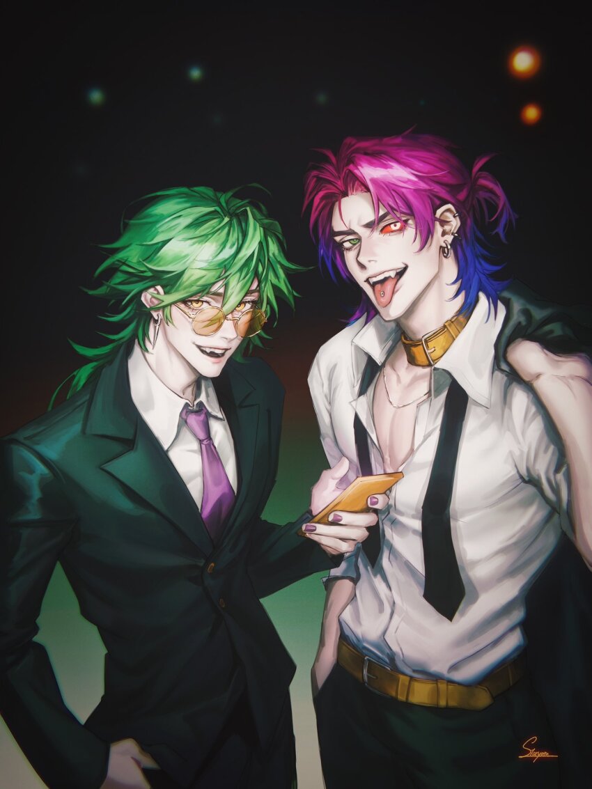 2boys arm_up belt black_jacket black_pants black_suit cellphone choker collar collared_jacket collared_shirt colored_sclera commentary cowboy_shot ear_piercing earrings english_commentary ezreal formal_clothes glasses gradient_background green_hair hair_between_eyes hand_in_pocket hand_on_own_hip heartsteel_ezreal heartsteel_kayn heterochromia highres holding holding_phone jacket jacket_over_shoulder jewelry kayn_(league_of_legends) league_of_legends looking_at_viewer male_focus multiple_boys multiple_earrings nail_polish necklace necktie open_clothes open_mouth open_shirt pants parted_bangs pectorals phone piercing purple_necktie red_sclera shirt short_hair_with_long_locks signature staryoruu suit suit_jacket teeth tinted_eyewear tongue tongue_out tongue_piercing undershirt unworn_jacket upper_teeth_only white_shirt yellow-tinted_eyewear yellow_belt yellow_choker